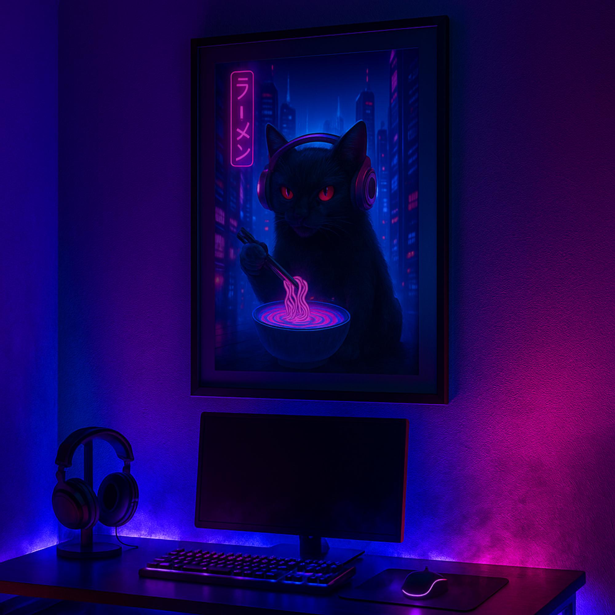 Cyberpunk Black Cat Poster – Custom Neon Pet Art, Ramen Wall Decor ...