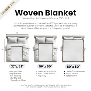 May include: The image shows a white woven blanket in three sizes: 94cm x 132cm, 127cm x 152cm, and 152cm x 203cm, displayed on beds. Text at the top reads "Woven Blanket", with uses like throws and picnic spreads. The image also lists blanket types.
