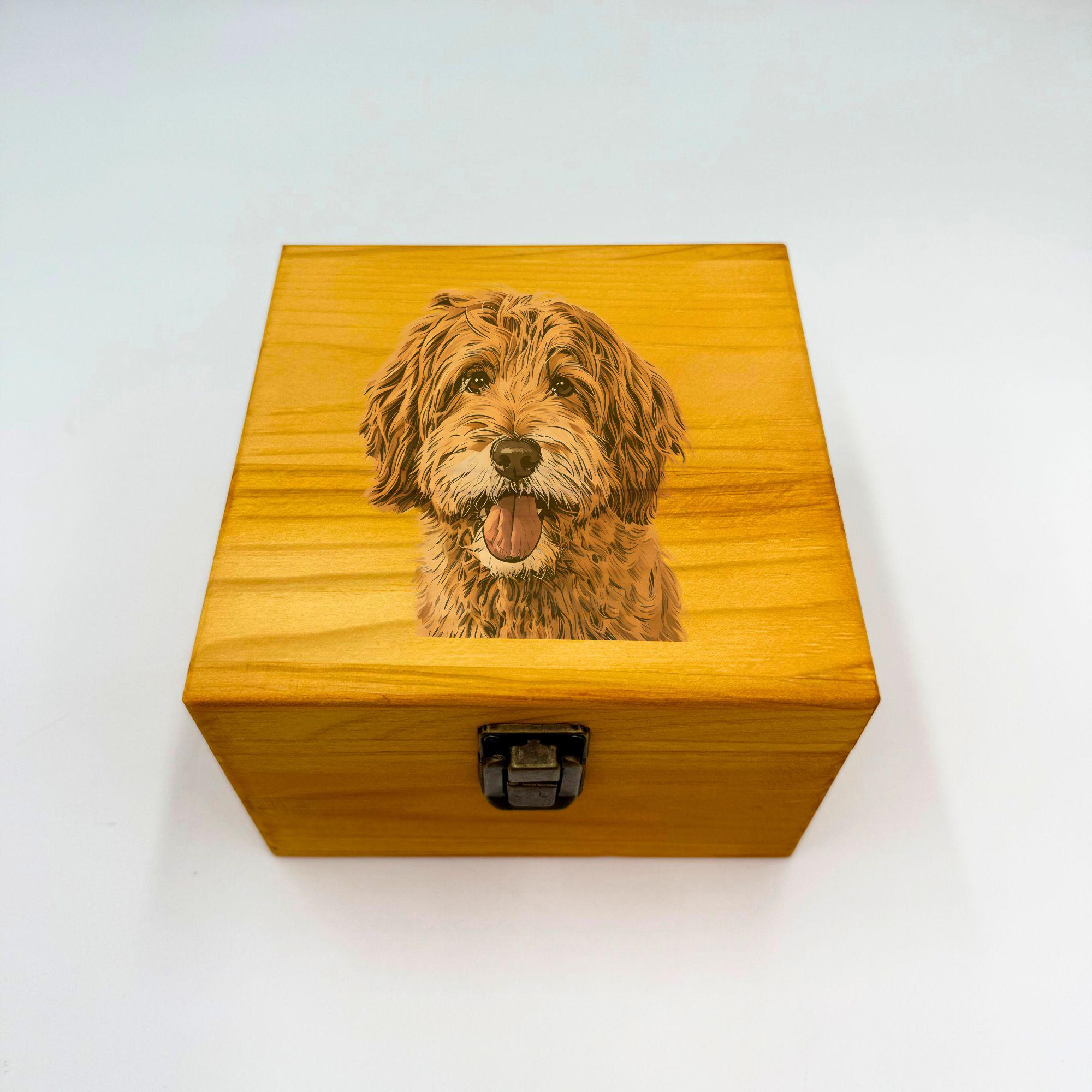 Personalized wooden pet storage box, custom engraved keepsake for toys and fur