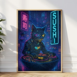 Cosmic wall art, cyberpunk wall art, canvas neon pet art, framed black cat poster, neon animal print, cat lovers gift, living room wall art