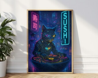 Cosmic wall art, cyberpunk wall art, canvas neon pet art, framed black cat poster, neon animal print, cat lovers gift, living room wall art