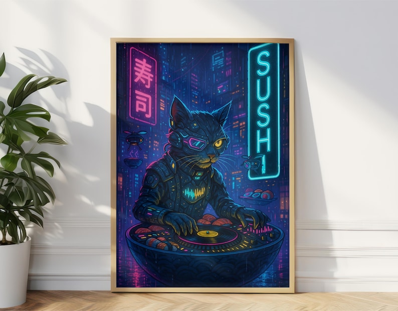 Cosmic wall art, cyberpunk wall art, canvas neon pet art, framed black cat poster, neon animal print, cat lovers gift, living room wall art