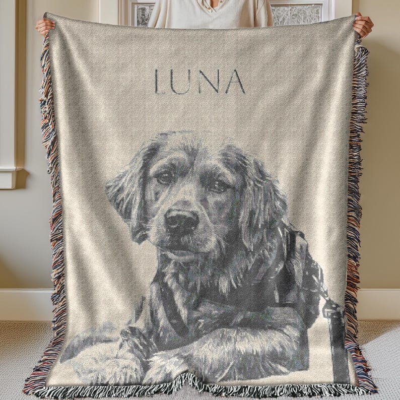 Personalized woven blanket with pet portrait