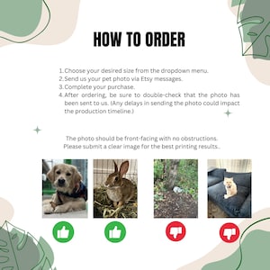 May include: Image with the text "HOW TO ORDER" and instructions for submitting a pet photo. Includes examples of acceptable and unacceptable photos, with a dog and rabbit as examples of acceptable photos.