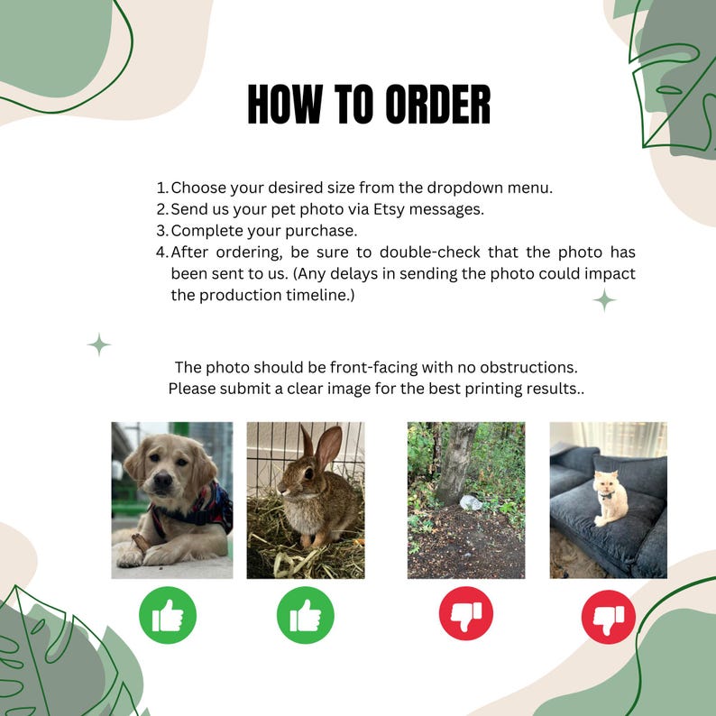 May include: Image with the text "HOW TO ORDER" and instructions for submitting a pet photo. Includes examples of acceptable and unacceptable photos, with a dog and rabbit as examples of acceptable photos.