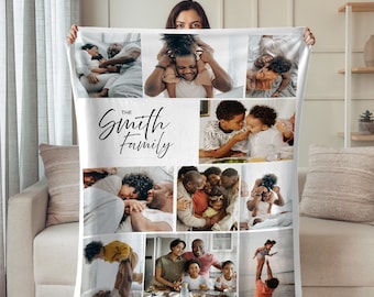Family photo blanket, personalized collage throw, custom name home gift