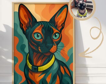 Custom Sphynx Cat Art Print – Modern Abstract Pet Portrait, Bold Colorful Wall Art, Personalized Cat Poster Gift, Sphynx Lover Decor