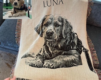 Personalized pet portrait woven blanket, custom dog photo throw, puppy loss gift