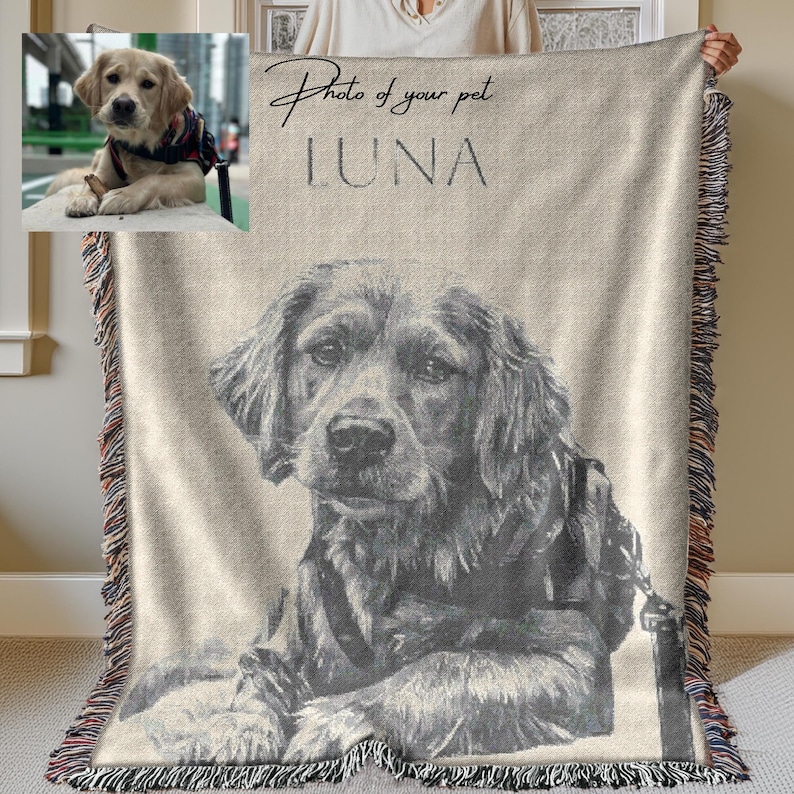Custom woven blanket with dog photo, cozy pet lover gift