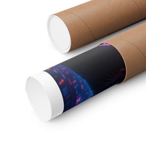 May include: A rolled-up poster with a vibrant, abstract design in shades of blue, pink, and purple, partially visible. The poster is encased in a brown cardboard tube, with a white end cap. The background is white.