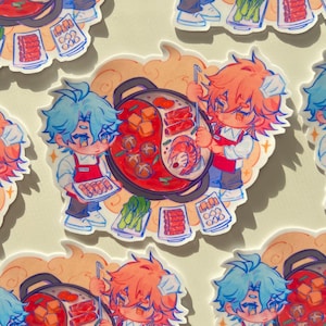 以下が含まれることがあります： ホットポット料理を準備している漫画のキャラクターが描かれたカラフルなステッカー。ステッカーには、青い髪のキャラクターとオレンジ色の髪のキャラクターの2人が描かれており、それぞれが食べ物のトレイとホットポットを持っています。