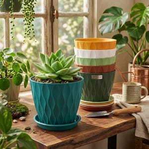 May include: A teal succulent planter with a wavy vertical texture, sitting on a matching saucer. Behind it, a stack of five identical planters in yellow, white, light green, terracotta, and dark green, each with a small metallic label.