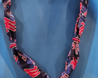 Handmade Ole Miss soft cotton scarf necklace with heart Rebels charm and intricate details.