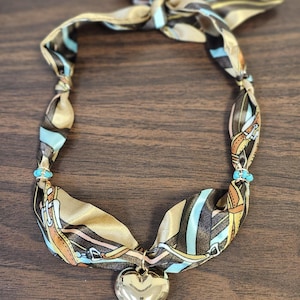 Handmade Scarf Necklace, Gold Heart Charm, Turquoise Detail