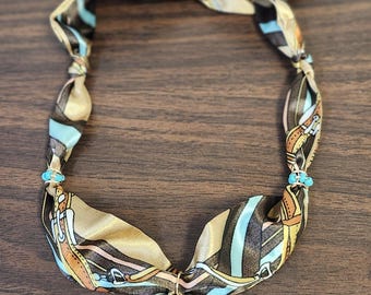 Handmade Scarf Necklace, Gold Heart Charm, Turquoise Detail