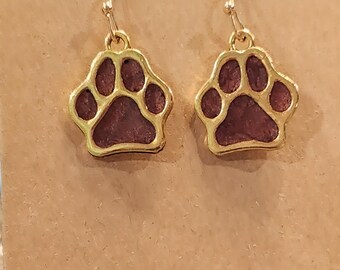 MSU Bulldog Paw Print Earrings: Maroon & Gold, Handmade