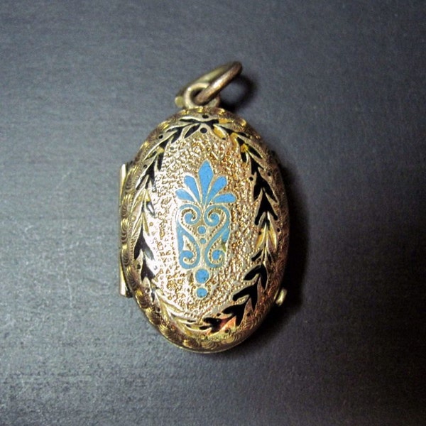 Antique Victorian Locket - Pendant - Blue - Black - Enamel - Gold Filled - Keepsake -1870s