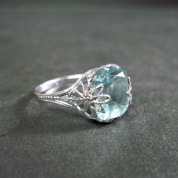 Vintage Art Deco Ring- Art Deco Jewelry -Faux Aquamarine-Silver Tone -Filigree -Size 7.75 -Dinner Ring-Cocktail Ring -Costume Ring-1920s