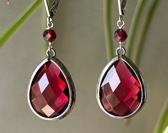 Ruby Red Earrings, Oxidized Silver, Red Garnet, Mothers day Gift, Gothic Jewelry, Birthday Gift for Daughter, for Sister, for Wife