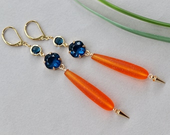 Extra Long Earrings, Orange, Blue, Bright Colors, Modern Trend, Beach Wedding, Birthday Gift for Daughter, for Sister, Girlfriend, Bijoux