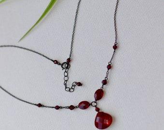 Red Garnet, Black Silver, Goth jewelry, Vintage style, Minimalist, Dainty, Delicate, Black Wedding, Birthday Gift for Daughter, for Wife
