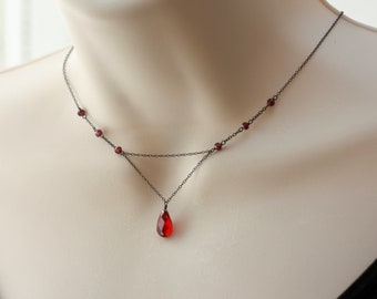 Red Garnet Y Dainty Delicate Necklace, Goth Jewelry, Minimalist, Vintage Retro style, Halloween, Gift for Daughter,  Read THE Description