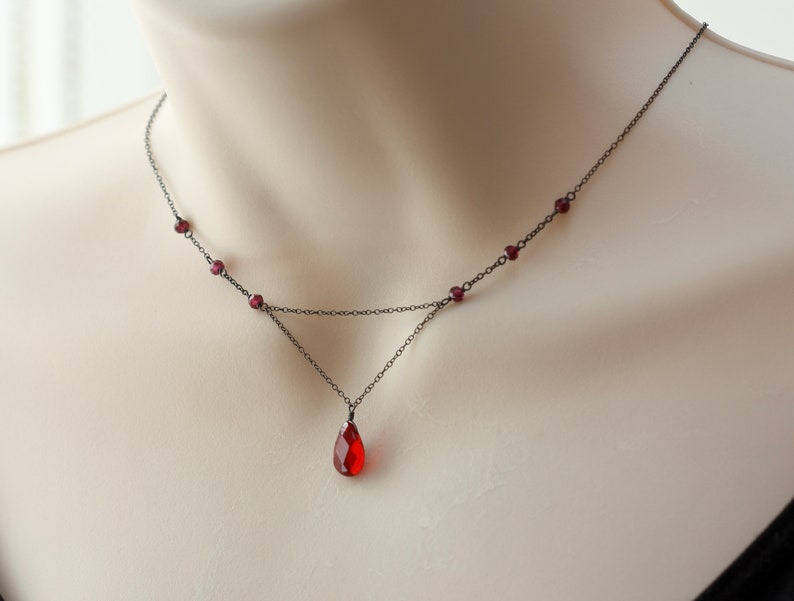 Red Garnet Y Dainty Delicate Necklace, Goth Jewelry, Minimalist, Vintage Retro style, Halloween, Gift for Daughter, Read THE Description image 1