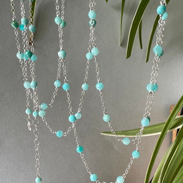 Aqua Blue Amazonite, Sterling Silver Long Necklace, March Birthday, Easter, Mothers Day Gift, Spring Summer Trend, Weddings, Graduation