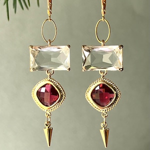 Ruby Red, Crystal Rectangle Glass, Gold Plated Earrings, Please Read The Description