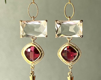 Ruby Red, Crystal Rectangle Glass, Gold Plated Earrings, Please Read The Description