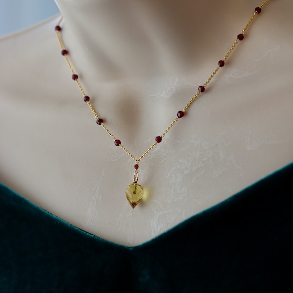 November Citrine, Fall Jewelry, Citrine Drop Necklace, Garnet stones, Minimalist, Dainty, Birthday Gift for Daughter, for Wife, for Mom