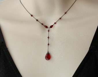 Garnet Red Y Dainty Delicate Minimalet Necklace, Black Silver, Gothic, Retro Vintage Style, Junior Style, Halloween, Read THE Description