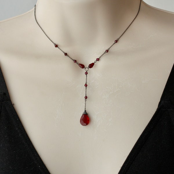 Garnet Red Y Dainty Delicate Minimalet Necklace, Black Silver, Gothic, Retro Vintage Style, Junior Style, Halloween, Read THE Description