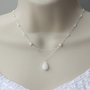 White Jade, Pearls Delicate Silver Necklace, Weddings, White Necklace, Bridal Jewelry, Gift for Daughter, Bijoux, Minimalist