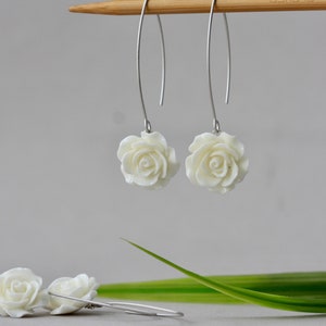 White Rose Earrings, Floral, for Summer, Beach Weddings, Long Earrings, Birthday Gift for Daughter, for Sister, for Niece, for Girlfriend,