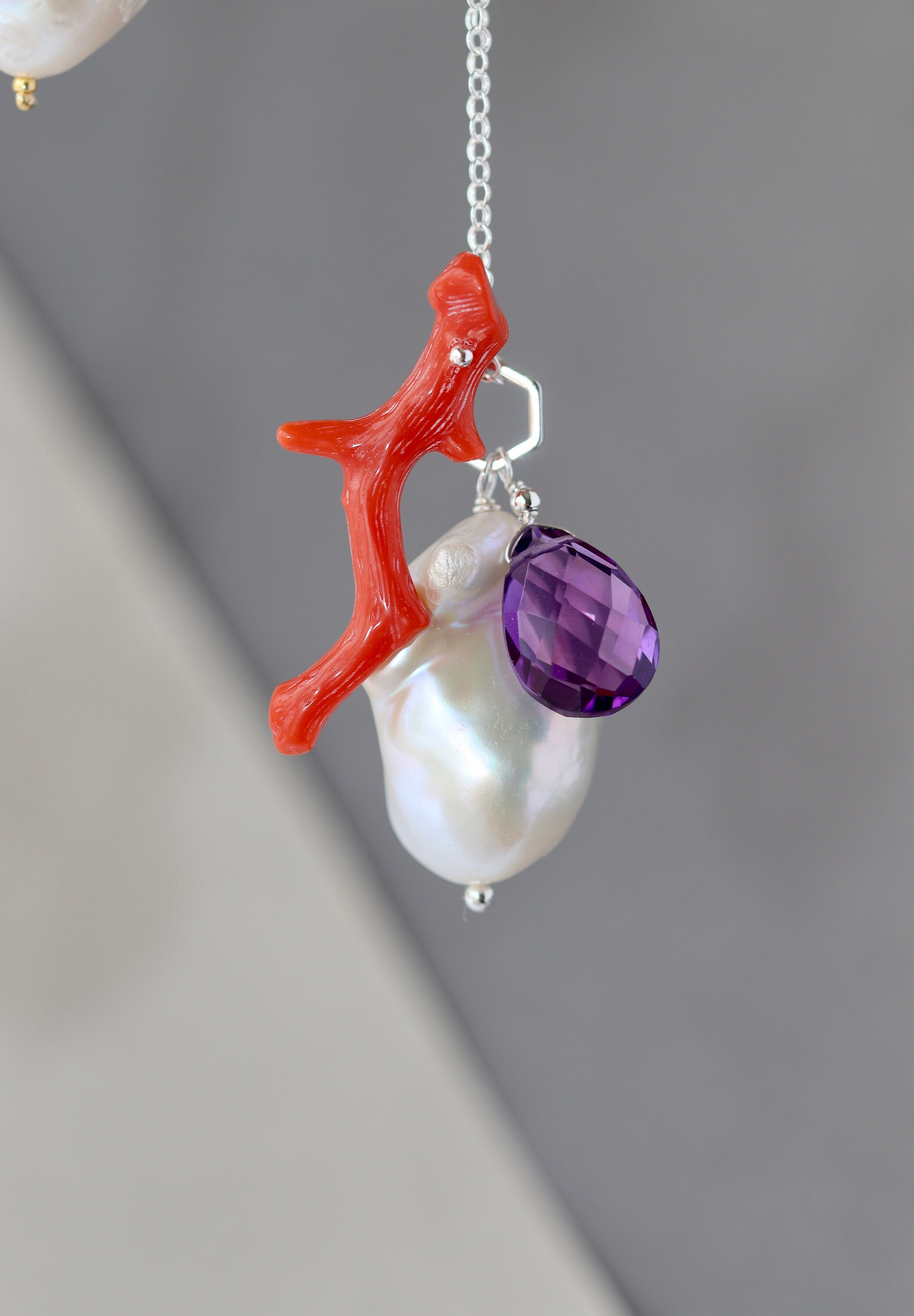Pendentif Délicat En Perle Baroque, Citrine Et Améthyste - Argent 925 - Rose-Mimosa