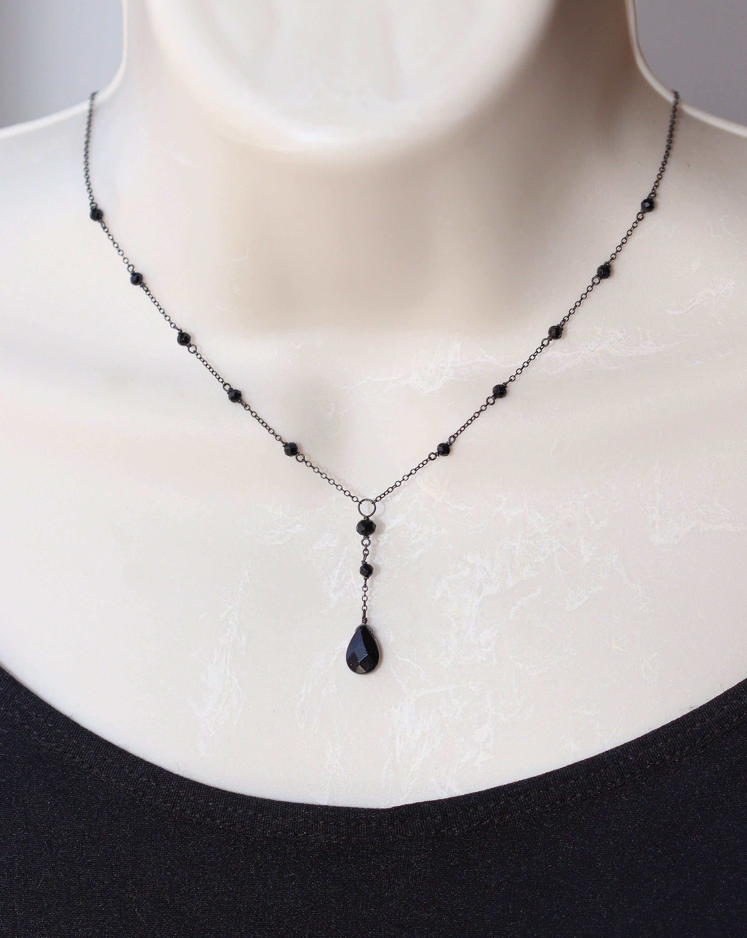 Black Onyx Y Necklace: Victorian Style Oxidized Sterling Silver