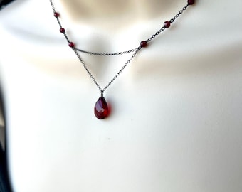 Red Garnet, Oxidized Silver, Minimalist Necklace: Gothic Dainty Jewelry