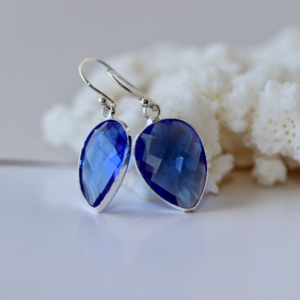 Bright Blue Glass Drops, Silver Earrings, Simple Jewelry for Everyday Wear, Sterling Silver Ear Wire,Gift for Daughter, for Sis, Girlfriend