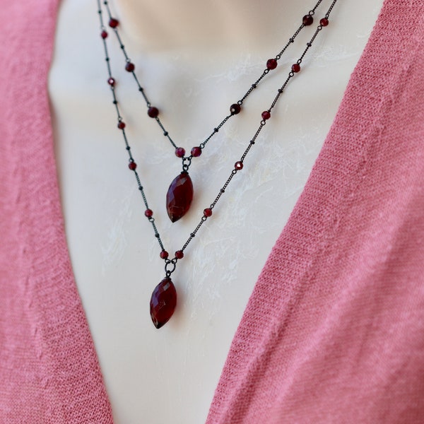 Garnet Dainty Necklaces, Minimalist Delicate, Black Silver, Goth Jewelry, Vintage Retro Style, Gift for Wife, for Daughter, for Sister, Gift