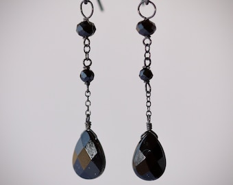 Victoriaanse zwarte onyx hangoorbellen: geoxideerd sterlingzilver, lees de beschrijving!