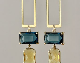 Contemporary Extra Long Earrings, Yellow and Blue, Modern Design, Please Read The Description
