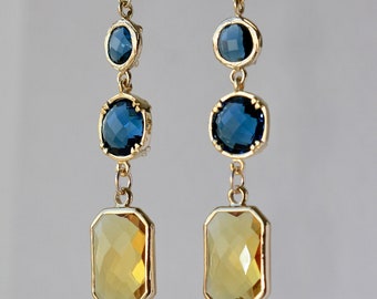 Blue Sapphire, Yellow Long Earrings, Yellow and Blue, Summer Trend, Wedding Party, Gift for Daughter, for Wife, Sister, Read The Description