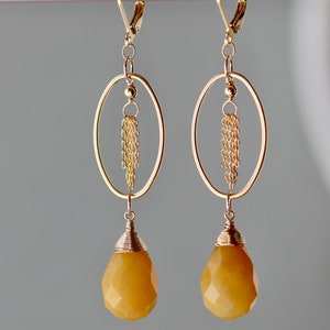 Honey Yellow Jade, Oval Hoops, Fall Autumn, Thansgiving, Birthday Gift for Mother, Daughter, for Wife, for Sister, Colorful Long Earrings