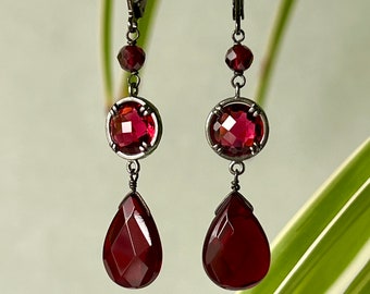 Red Garnet Earrings, Oxidized Silver, Gothic Jewelry, Dark Colors Jewelry, Gifts for Daughter, Red and Black, Please Read The Description