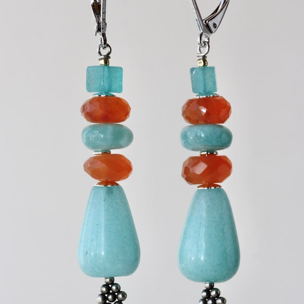 Blue Jade Drops, Carnelian, Earrings for Summer Outfit, Birthday Gift for Daughter, for Mom, for Sister, Girlfriend, Bijoux, Blue and Orange