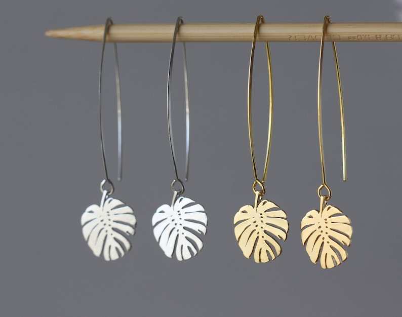 Monstera Leaf Charms, Long Earrings, Fall Trend, Christmas Gift, Birthday Gift for Daughter, for Wife, for Sister, Girlfriend, Wedding Party image 1