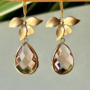 Gold Orchid Earrings: Champagne Peach Glass, Bridal Jewelry