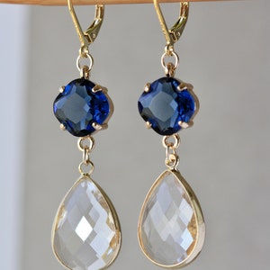 Blue and Clear Crystal, Christmas, Weddings, Bridal, Elegant Earrings, for Made of Honor, Birthday Gift for Daughter, for Wife, for Granny
