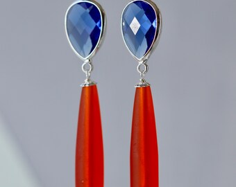 Tangerine, Sapphire Blue, Bright Colors Extra Long Silver Earrings, Modern Trend, Summer Weddings, Gift for Daughter, Read the Description